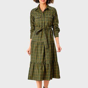 ✨ Wayward Fancies / eShakti Tie Waist Cotton Blend Check Tiered Shirt Dress (Sty